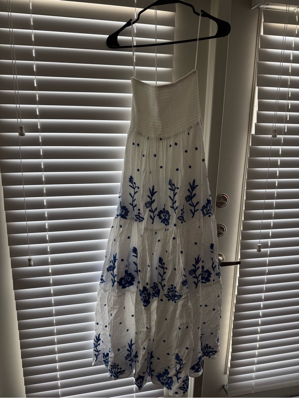 Altar'd State White Strapless Maxi Dress with Blue Floral Embroidery
